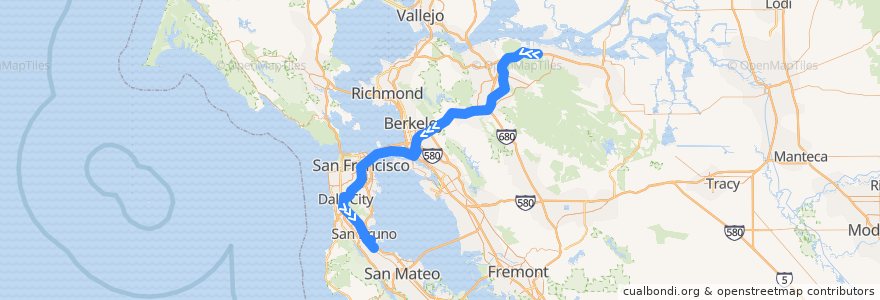 Mapa del recorrido BART Yellow Line: Antioch => Pittsburg/Bay Point => SFO Airport => Millbrae de la línea  en 캘리포니아주.