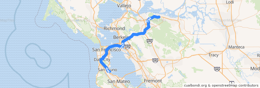 Mapa del recorrido BART Yellow Line: SFO Airport => Pittsburg/Bay Point de la línea  en California.