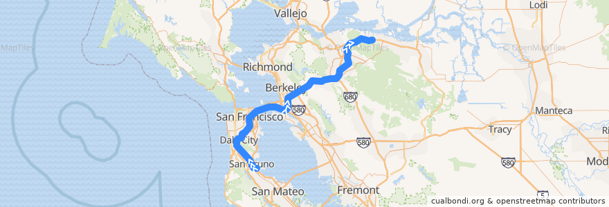 Mapa del recorrido BART Yellow Line: SFO Airport => Pittsburg/Bay Point de la línea  en Californië.