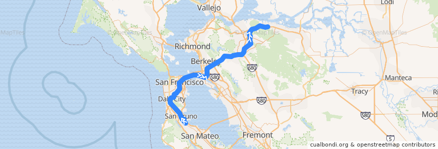 Mapa del recorrido BART Yellow Line: Millbrae => SFO Airport => Pittsburg/Bay Point de la línea  en California.