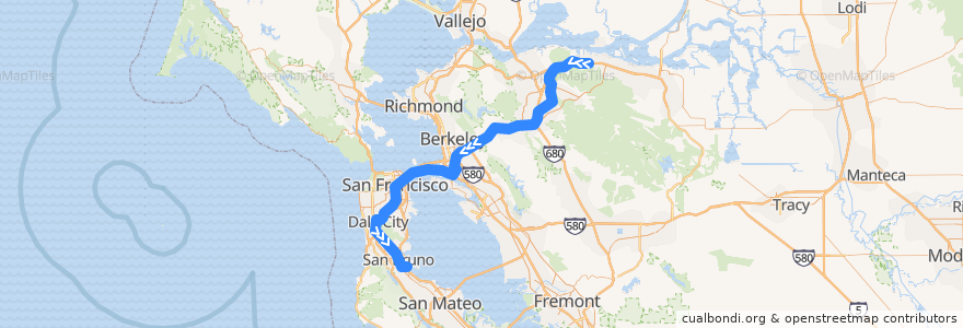 Mapa del recorrido BART Yellow Line: Pittsburg/Bay Point => SFO Airport de la línea  en California.