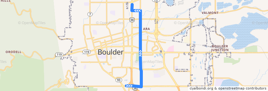 Mapa del recorrido RTD Route Bound: 30th Street (northbound) de la línea  en Boulder.