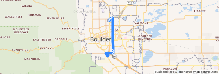 Mapa del recorrido RTD Route Bound: 30th Street (southbound) de la línea  en Boulder.