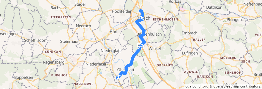 Mapa del recorrido Bus 504: Oberglatt ZH, Bahnhof => Bülach, Bahnhof de la línea  en 취리히.