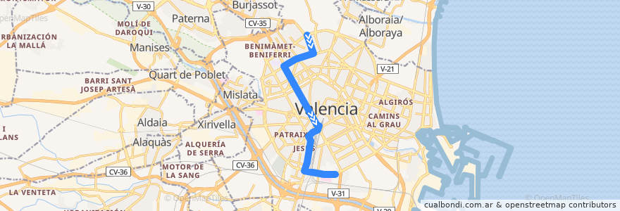 Mapa del recorrido Bus 64: Benicalap => Est. J. Sorolla/Nou Hosp. la Fe de la línea  en Comarca de València.