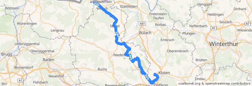 Mapa del recorrido Bus 510: Kaiserstuhl AG, Bahnhof => Zürich Flughafen, Bahnhof de la línea  en Bezirk Dielsdorf.