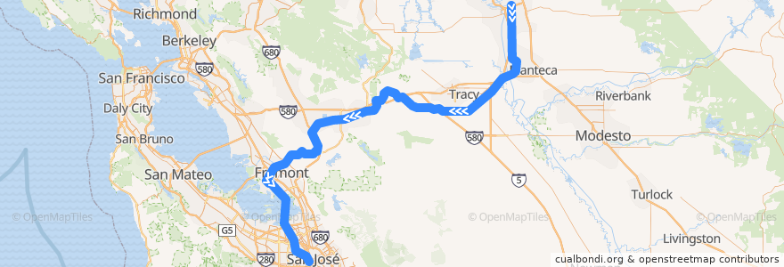 Mapa del recorrido Altamont Corridor Express: Stockton => San José (mornings) de la línea  en 加利福尼亚州/加利福尼亞州.
