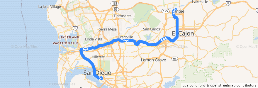 Mapa del recorrido Sycuan Green Line: Santee Town Center => 12th & Imperial Transit Center de la línea  en San Diego County.