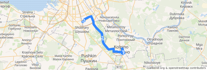 Mapa del recorrido Автобус № 326: станция метро «Купчино» => Колпино, вокзал de la línea  en Санкт-Петербург.