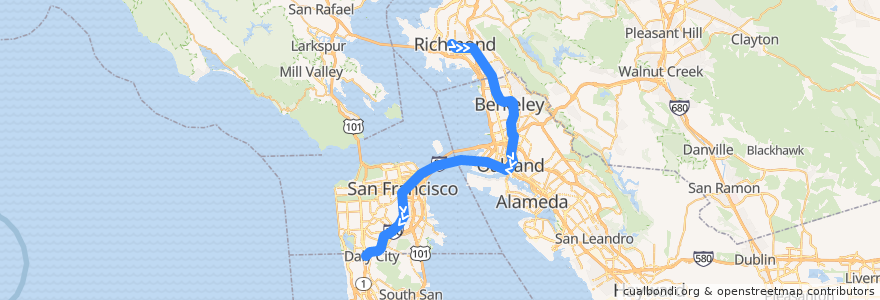 Mapa del recorrido BART Red Line: Richmond => Daly City de la línea  en California.