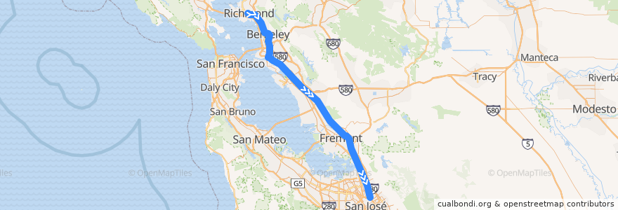 Mapa del recorrido BART Orange Line: Richmond => Berryessa/North San José de la línea  en 加利福尼亚州/加利福尼亞州.