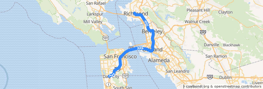Mapa del recorrido BART Red Line: Daly City => Richmond de la línea  en 캘리포니아주.