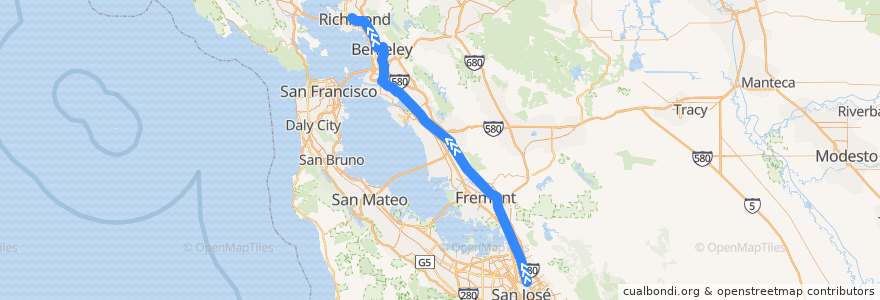 Mapa del recorrido BART Orange Line: Berryessa/North San José => Richmond de la línea  en 加利福尼亚州/加利福尼亞州.