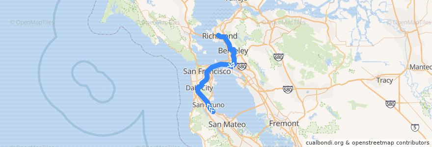 Mapa del recorrido BART Red Line: Millbrae => Daly City => Richmond de la línea  en Kalifornien.