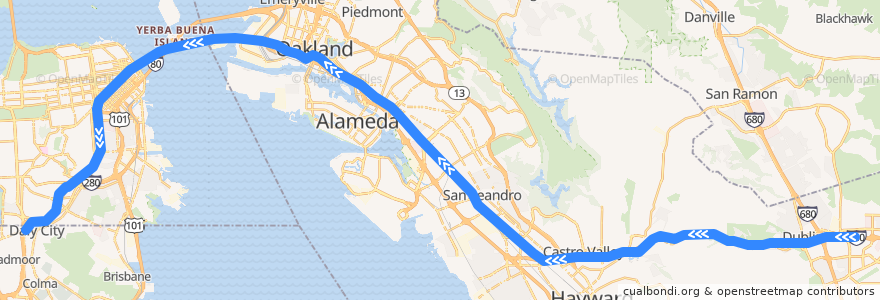Mapa del recorrido BART Blue Line: Dublin/Pleasanton => Daly City de la línea  en Kaliforniya.