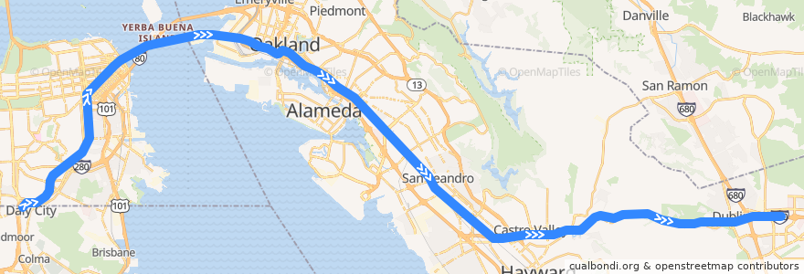 Mapa del recorrido BART Blue Line: Daly City => Dublin/Pleasanton de la línea  en 加利福尼亚州/加利福尼亞州.