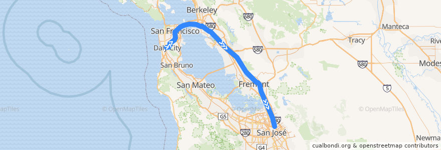 Mapa del recorrido BART Green Line: Daly City => Berryessa/North San José de la línea  en カリフォルニア州.