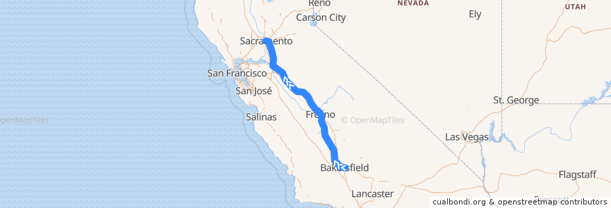 Mapa del recorrido Amtrak San Joaquins: Bakersfield => Sacramento de la línea  en カリフォルニア州.