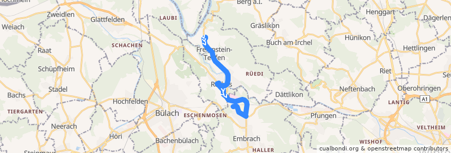 Mapa del recorrido Bus 522: Teufen ZH, Unterteufen => Embrach-Rorbas, Bahnhof de la línea  en Bezirk Bülach.