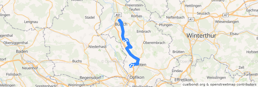 Mapa del recorrido Bus 530: Zürich Flughafen, Bahnhof => Bülach, Bahnhof de la línea  en Bezirk Bülach.