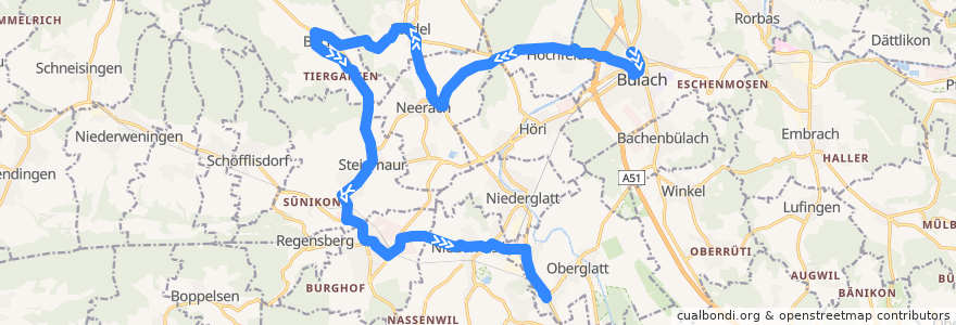 Mapa del recorrido Bus 535: Bülach, Bahnhof => Oberglatt ZH, Bahnhof de la línea  en Bezirk Dielsdorf.