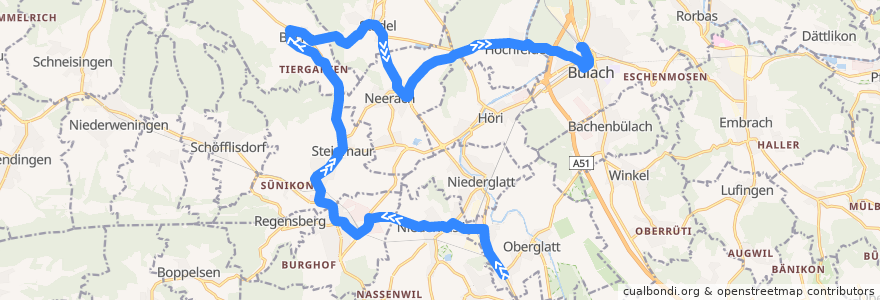 Mapa del recorrido Bus 535: Oberglatt ZH, Bahnhof => Bülach, Bahnhof de la línea  en Zürich.