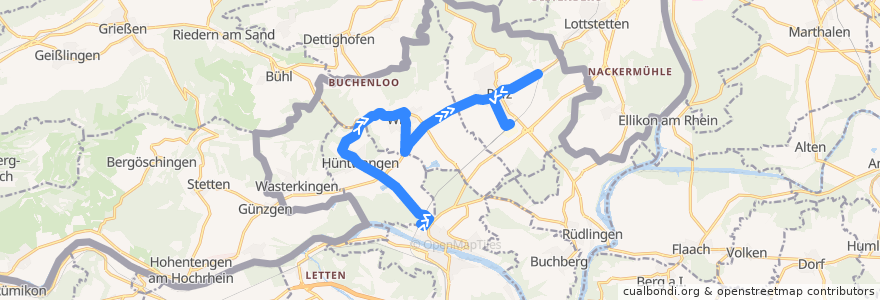 Mapa del recorrido Bus 545: Hüntwangen-Wil, Bahnhof => Rafz, Bahnhof de la línea  en Bezirk Bülach.