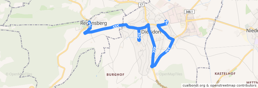 Mapa del recorrido Bus 593: Dielsdorf, Bahnhof => Regensberg, Dorf (Weg A) de la línea  en Bezirk Dielsdorf.