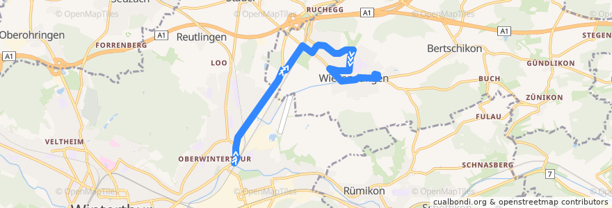 Mapa del recorrido Bus 610: Bahnhof Oberwinterthur → Wiesendangen Hinterdorf de la línea  en Bezirk Winterthur.