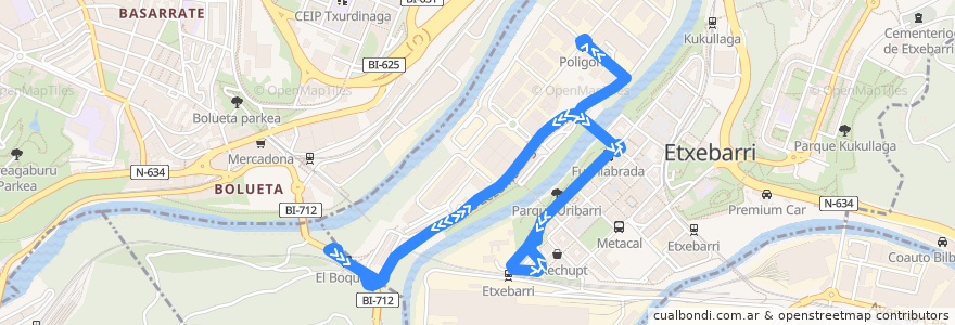 Mapa del recorrido Bus 2 Normal: Metro Etxebarri - El Boquete de la línea  en Bizkaia.