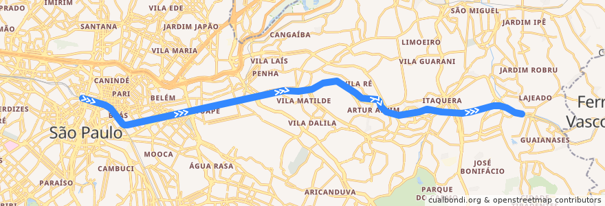 Mapa del recorrido Linha 11 - Coral: Luz ⇒ Guaianases de la línea  en Região Imediata de São Paulo.