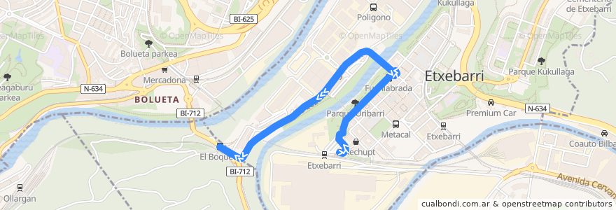 Mapa del recorrido Bus 2 Corta: Metro Etxebarri - El Boquete de la línea  en Vizcaya.