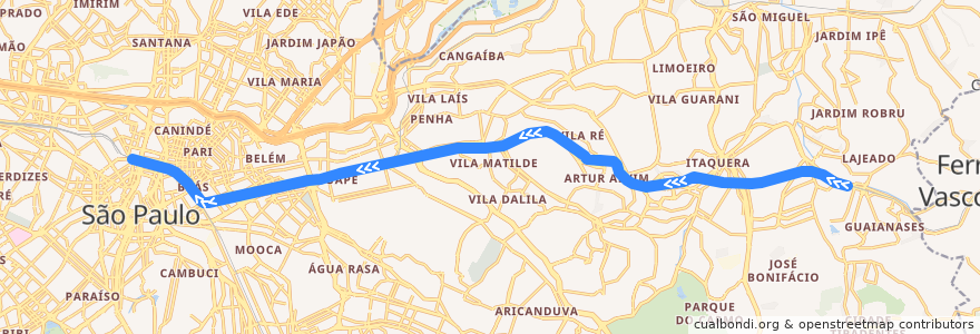 Mapa del recorrido Linha 11 - Coral: Guaianases ⇒ Luz de la línea  en Região Imediata de São Paulo.