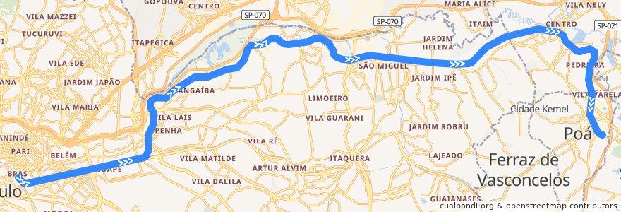 Mapa del recorrido Linha 12 - Safira: Brás ⇒ Calmon Viana de la línea  en Região Imediata de São Paulo.