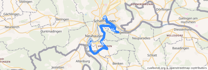 Mapa del recorrido Bus 634: Schloss Laufen, Rheinfall => Schaffhausen, Bahnhof de la línea  en Schaffhausen.