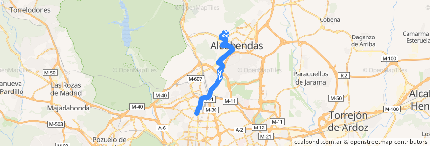 Mapa del recorrido Bus 157C: Alcobendas (Valdelasfuentes) → Plaza Castilla de la línea  en Comunidad de Madrid.