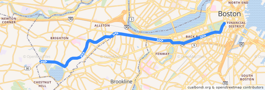 Mapa del recorrido MBTA Green Line (B): Boston College → Park Street de la línea  en بوسطن.