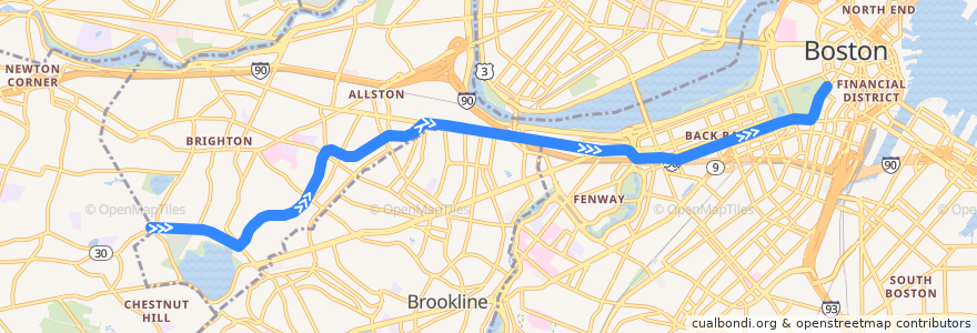 Mapa del recorrido MBTA Green Line (B): Boston College → Park Street de la línea  en ボストン.