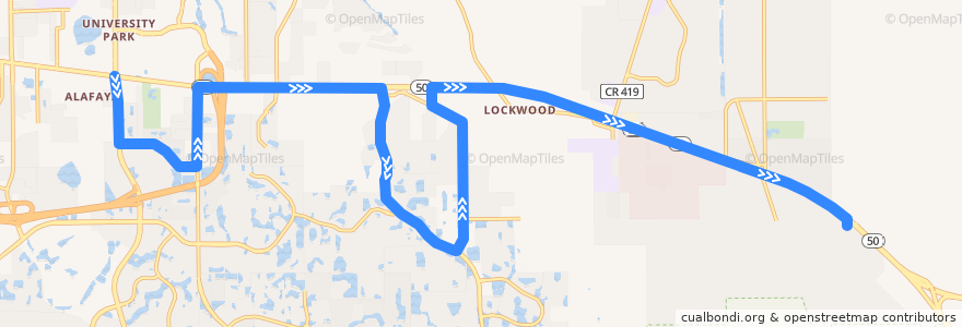 Mapa del recorrido 621 East Colonial Drive/Bithlo (eastbound) de la línea  en Orange County.