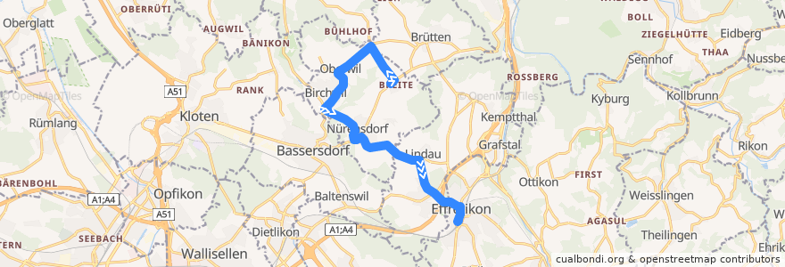 Mapa del recorrido Bus 658: Breite bei Nürensdorf => Effretikon, Bahnhof de la línea  en Zürich.