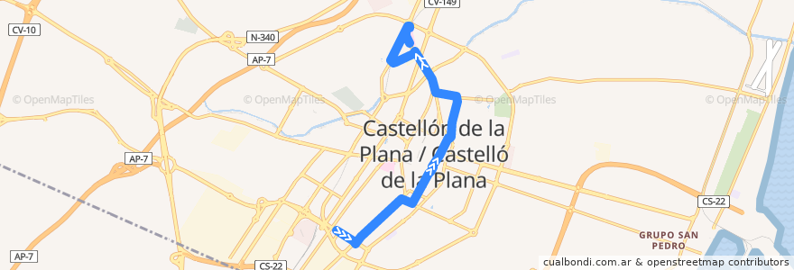 Mapa del recorrido L1 Polideportivo Ciutat de Castelló - Hospital General de la línea  en Castelló de la Plana.