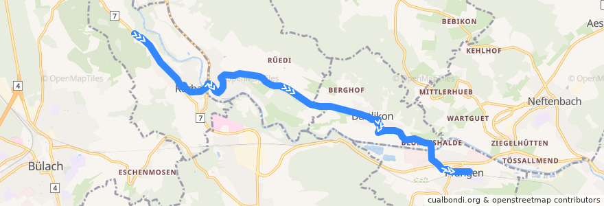 Mapa del recorrido Bus 529: Rorbas, Bruggi => Dättlikon => Pfungen, Bahnhof de la línea  en Zurique.