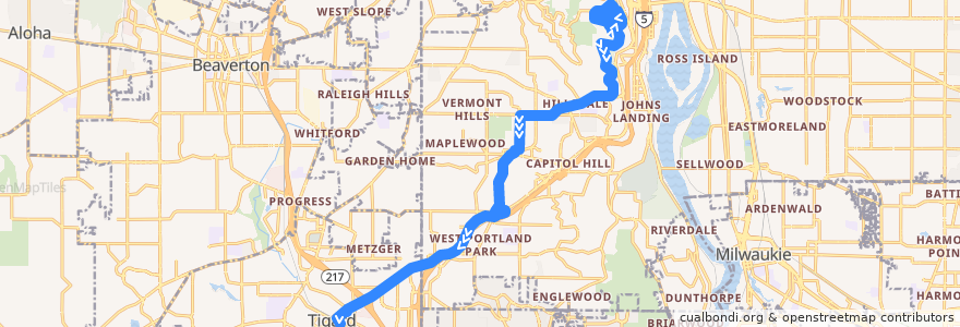 Mapa del recorrido Bus 64: Marquam Hill => Tigard Transit Center de la línea  en Portland.