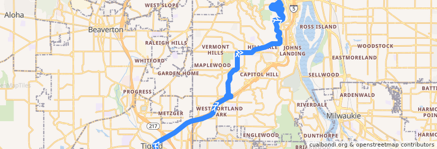 Mapa del recorrido Bus 64: Tigard Transit Center => Marquam Hill de la línea  en Portland.