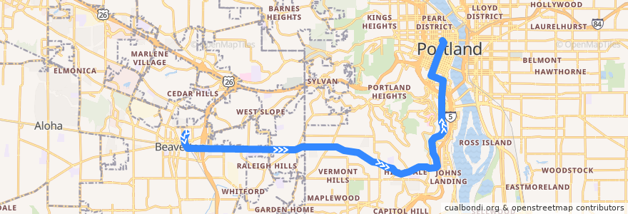 Mapa del recorrido Bus 54: Beaverton Transit Center => Portland de la línea  en Oregon.