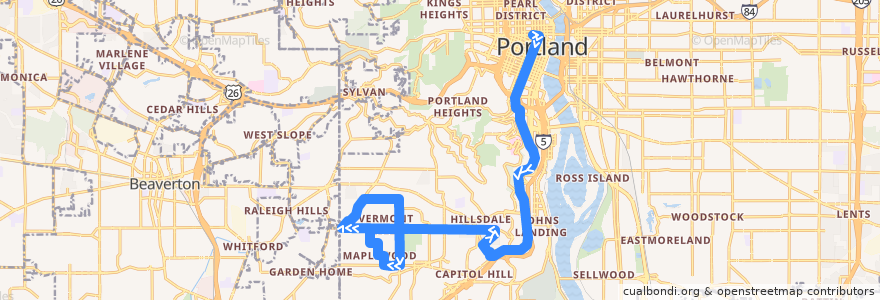 Mapa del recorrido Bus 1: Portland => Southwest Portland de la línea  en Portland.