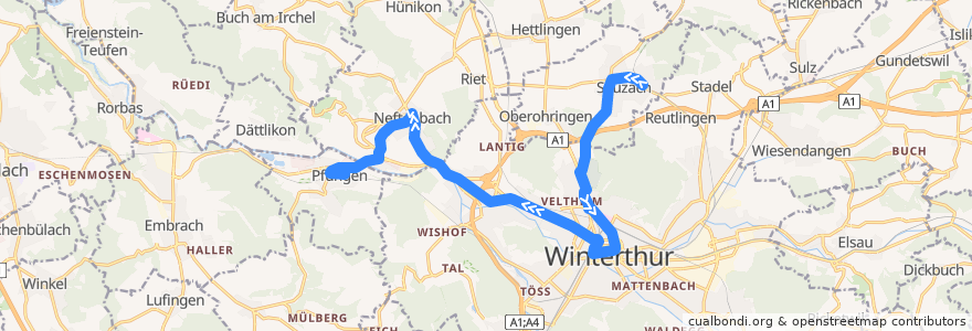 Mapa del recorrido Bus 674: Seuzach → Winterthur → Pfungen de la línea  en Bezirk Winterthur.