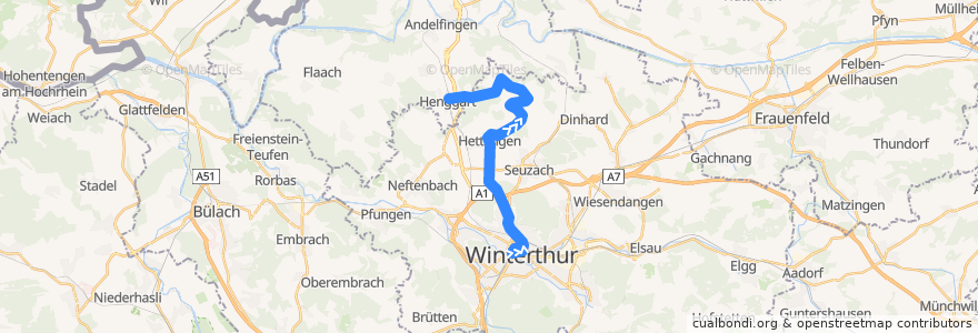 Mapa del recorrido Bus 676: Winterthur, Hauptbahnhof => Henggart, Bahnhof de la línea  en Bezirk Winterthur.