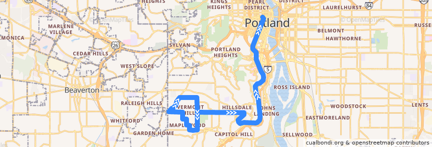 Mapa del recorrido Bus 1: Southwest Portland => Portland de la línea  en Portland.