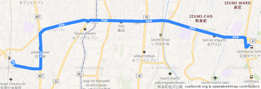 Mapa del recorrido 長54 長後駅→飯田→立場ターミナル de la línea  en Wilayah Kanagawa.